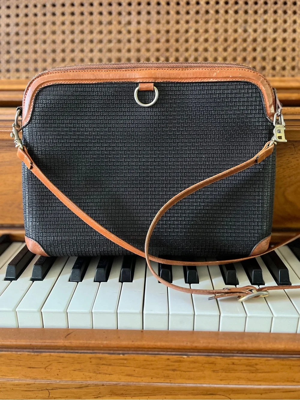 Bally Vintage Black & Brown Monogram Coated Canvas Embossed “B” Crossbody Made